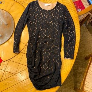 A.L.C. Scarlett Black Nude Lace Illusion Ruched Bodycon Knit Dress